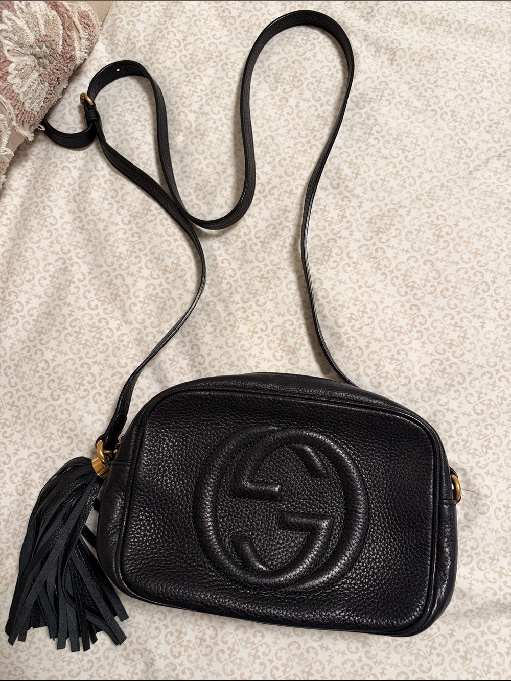 Gucci Black Pebbled Leather GG Crossbody with Tassel Accent